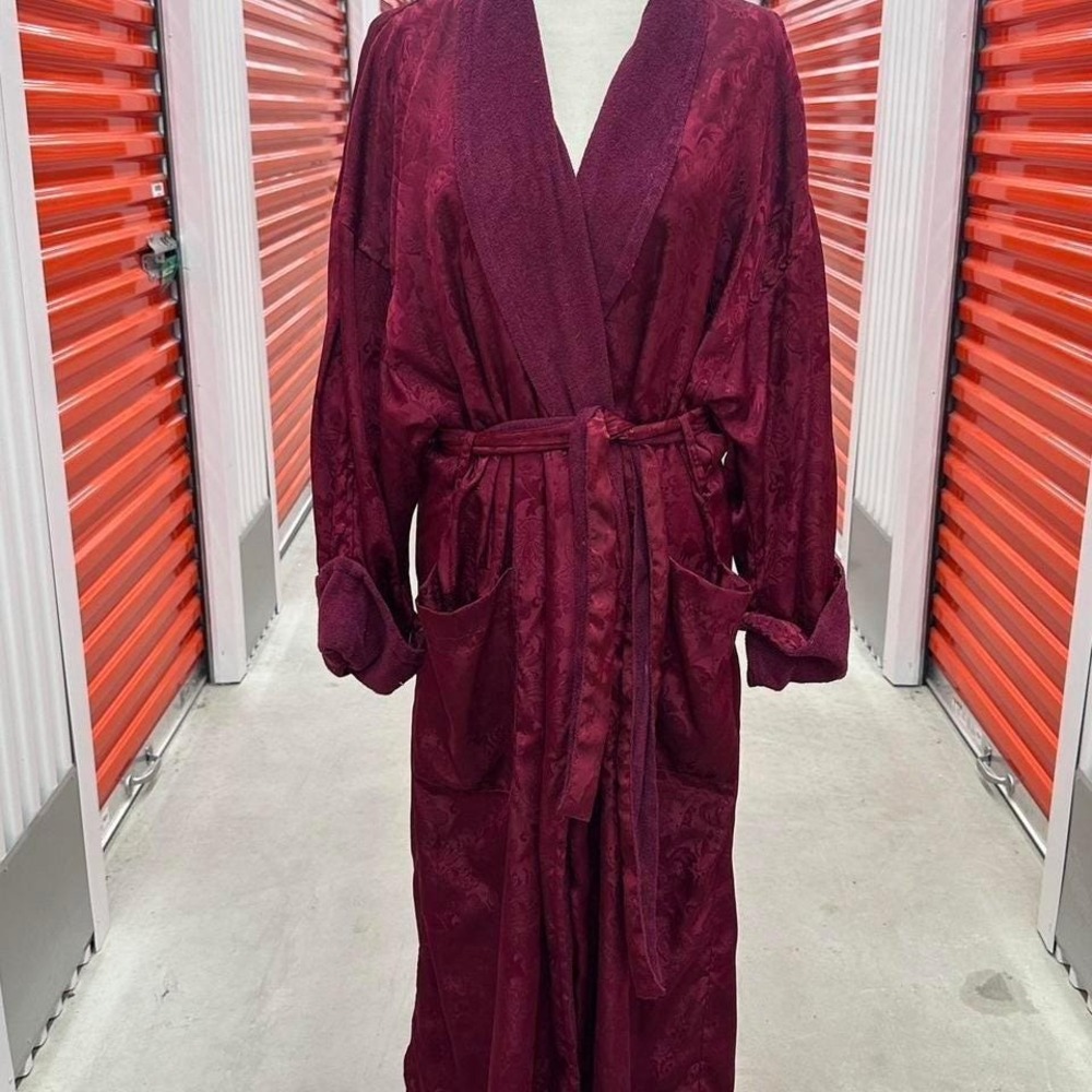 Vintage 1980s Victorias Secret Burgundy Satin Terry Cloth Robe & Tie - Size M/L